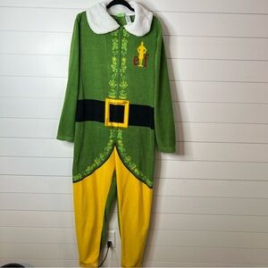 Elf Green Yellow White Fluffy Collar Zip Up Onesie Pajamas Costume. Size Large.